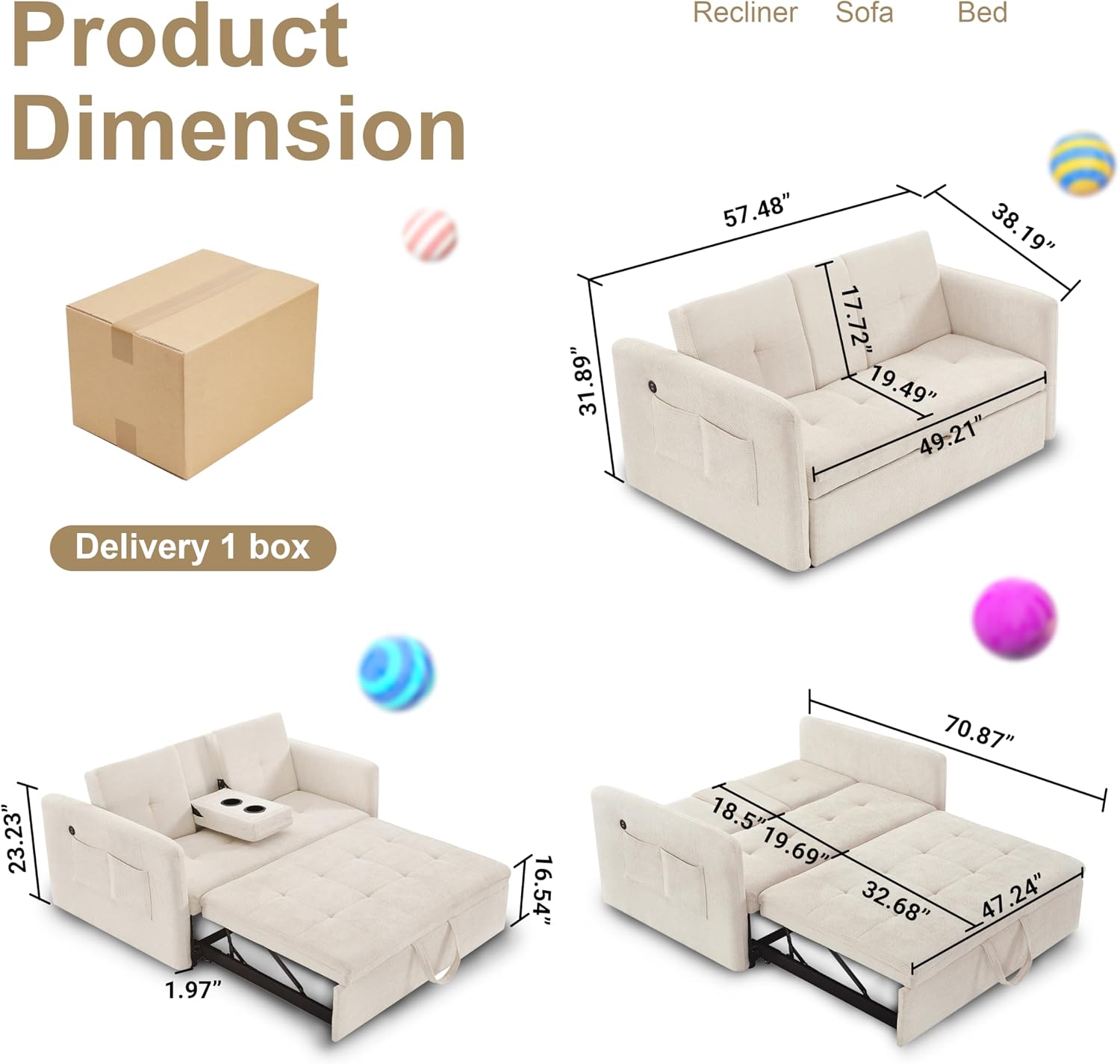 57.48' Convertible Sofa Bed with Cup Holder, Pull Out Sleeper Sofa Bed with USB Charging Ports, 3 in 1 Convertible Sleeper Sofa Bed for Living Room, Apartment, Bedroom, RV, Beige