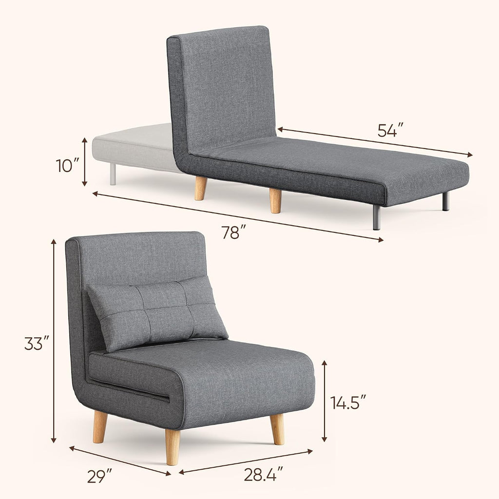 Ahomly Convertible Sleeper Chair, 3 in 1 Chair Bed, Futon for Adults with 6 Angle Adjustable Backrest, Single Sofa Bed for Living Room/Apartment/Office, Dark Gray
