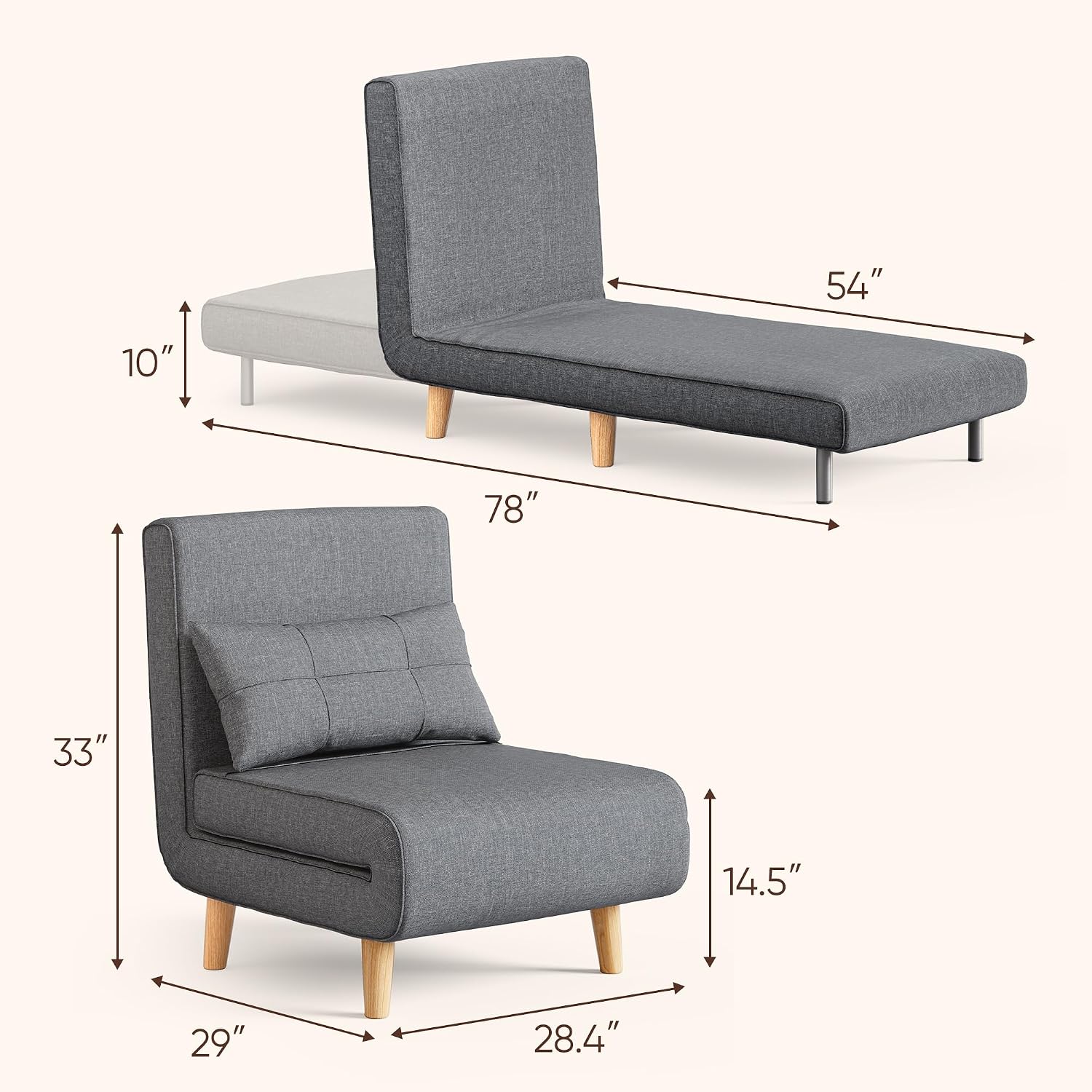 Ahomly Convertible Sleeper Chair, 3 in 1 Chair Bed, Futon for Adults with 6 Angle Adjustable Backrest, Single Sofa Bed for Living Room/Apartment/Office, Dark Gray