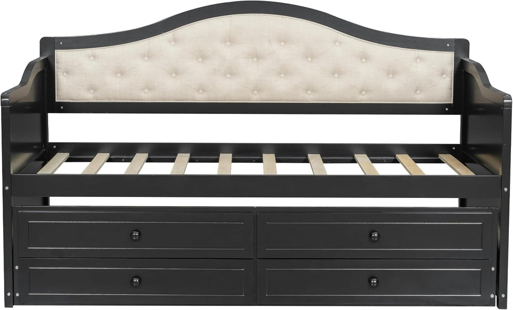 Merax Twin Daybed with Trundle and 2 Storage Drawers, Wooden Sofa Bed Twin Bed Frame with Upholstered Button Tufted Backrest for Living Room, Bedroom, Guest Room (Black)
