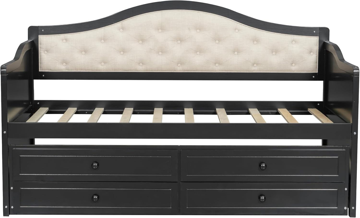 Merax Twin Daybed with Trundle and 2 Storage Drawers, Wooden Sofa Bed Twin Bed Frame with Upholstered Button Tufted Backrest for Living Room, Bedroom, Guest Room (Black)