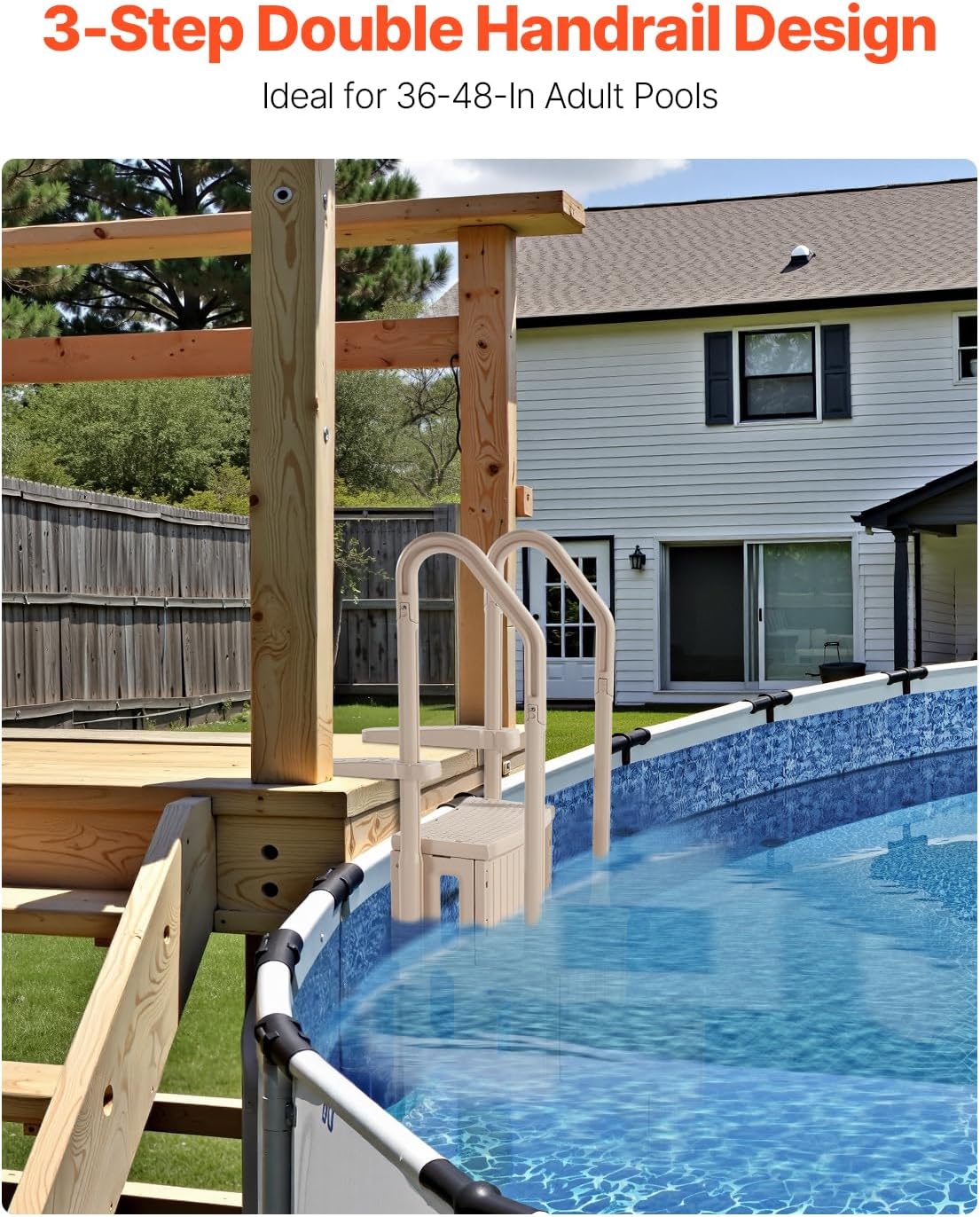 VEVOR Swimming Pool Ladder, 3-Step Double Handrails Stairs with Non-Slip Heavy Duty Steps, Max Load Capacity 400 lbs, for 36-48 Inch Inground & Above-Ground Pools of Any Decking Surface, Taupe