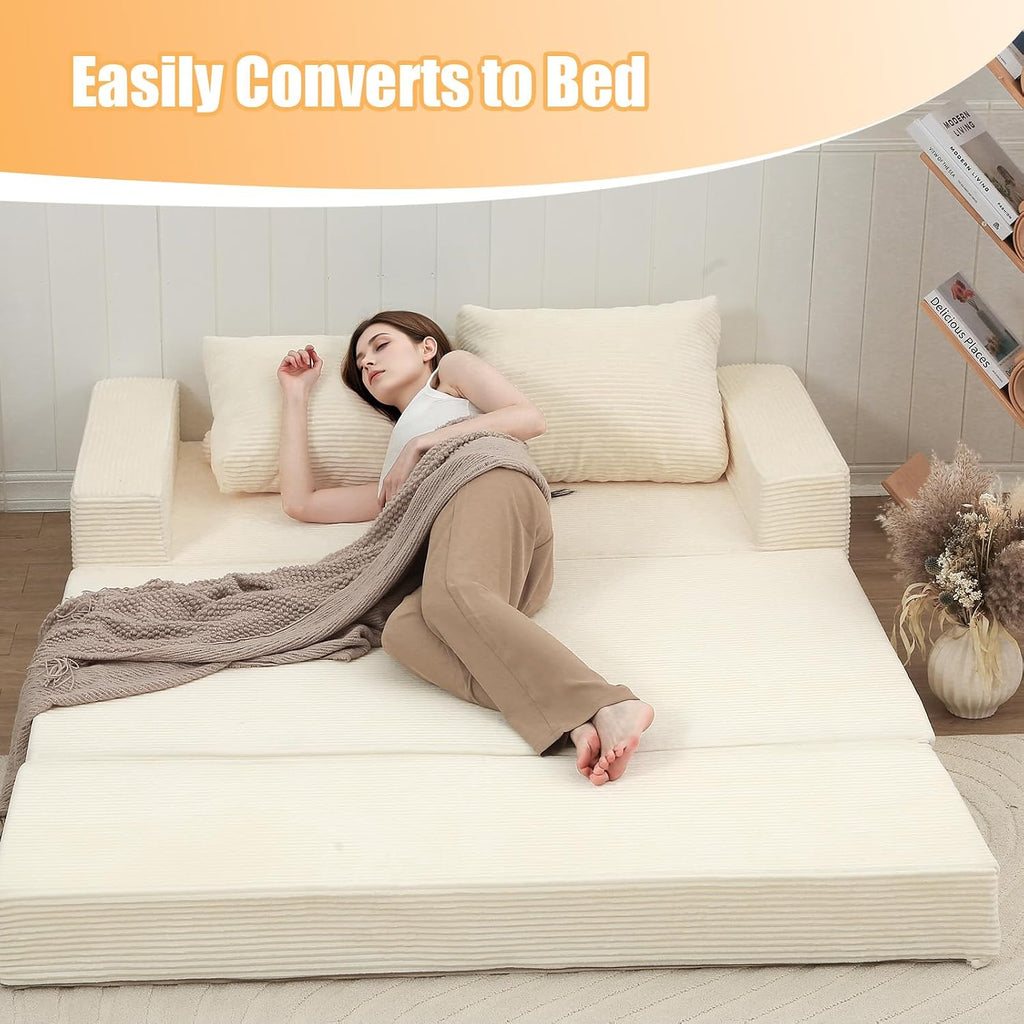 COMAX Convertible Sofa Bed Queen, Corduroy Folding Floor Couch Pull Out Couch Bed Futon Sleeper with Pillows, Fold Out Boneless Sofa Comfy Lounge Mattress Loveseat for Living Room Bedroom, Beige