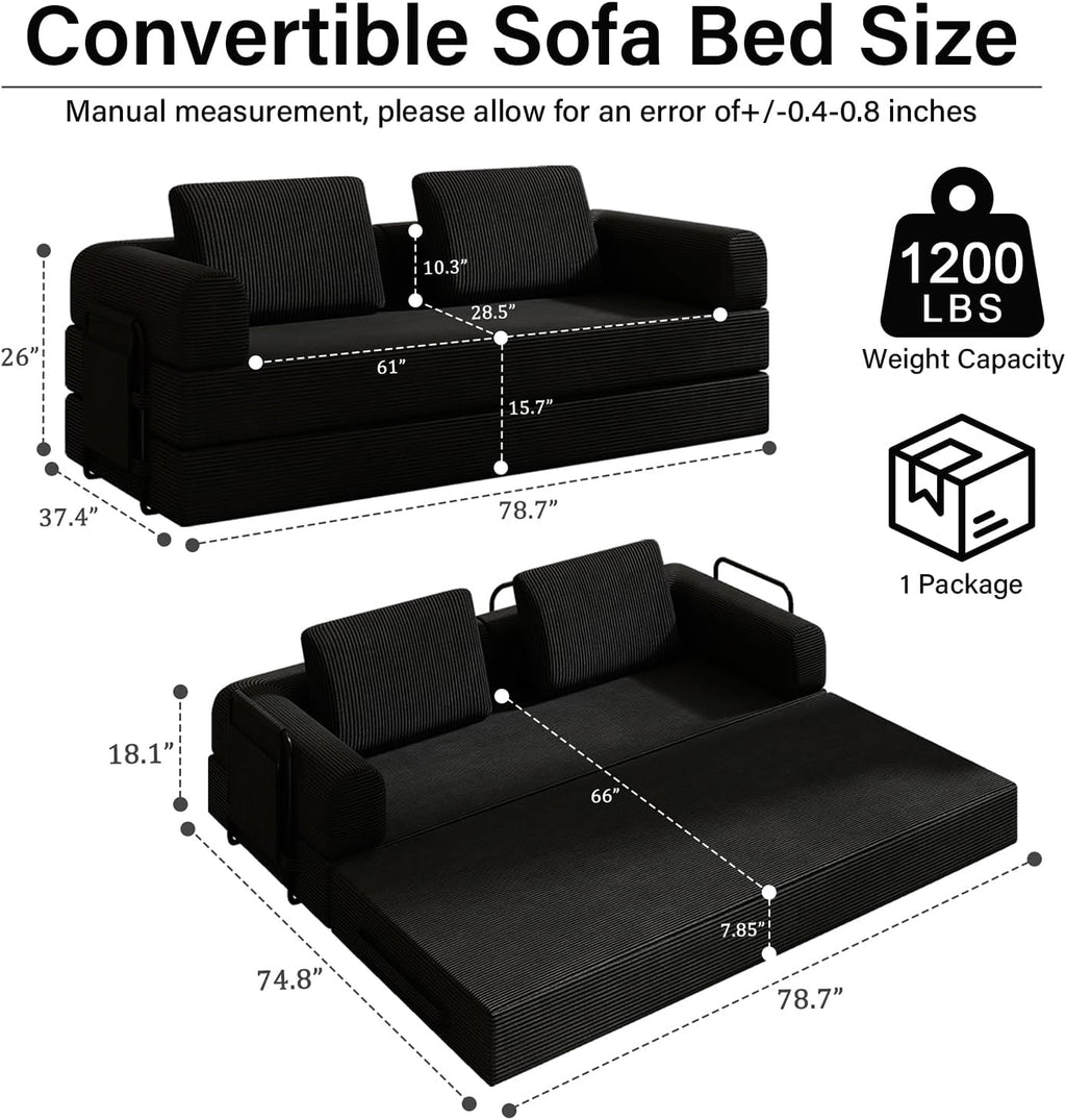 78'' Sleeper Couch Bed for Living Room, Convertible Modular Sofa with Fixed Frame and Side Pocket, Corduroy Futon Boneless Couches in a Box, No Assembly, Black