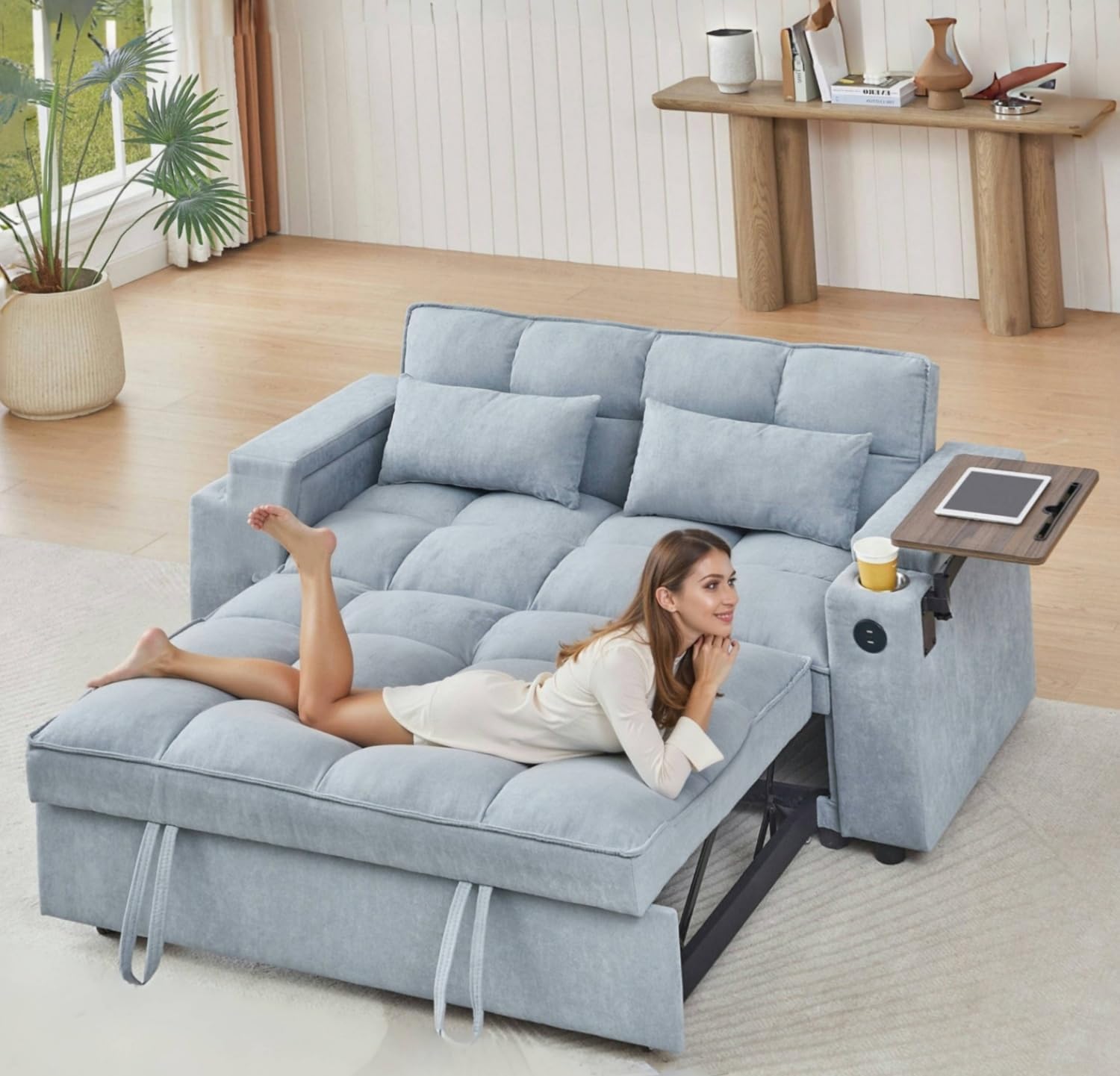 oaaktu 65''Convertible Sleeper Sofa Bed,3-in-1 Pull Out Couch Bed with 360 Degree rotatable Side Table and USB Ports for Living Room,RV (07 Light Grey)