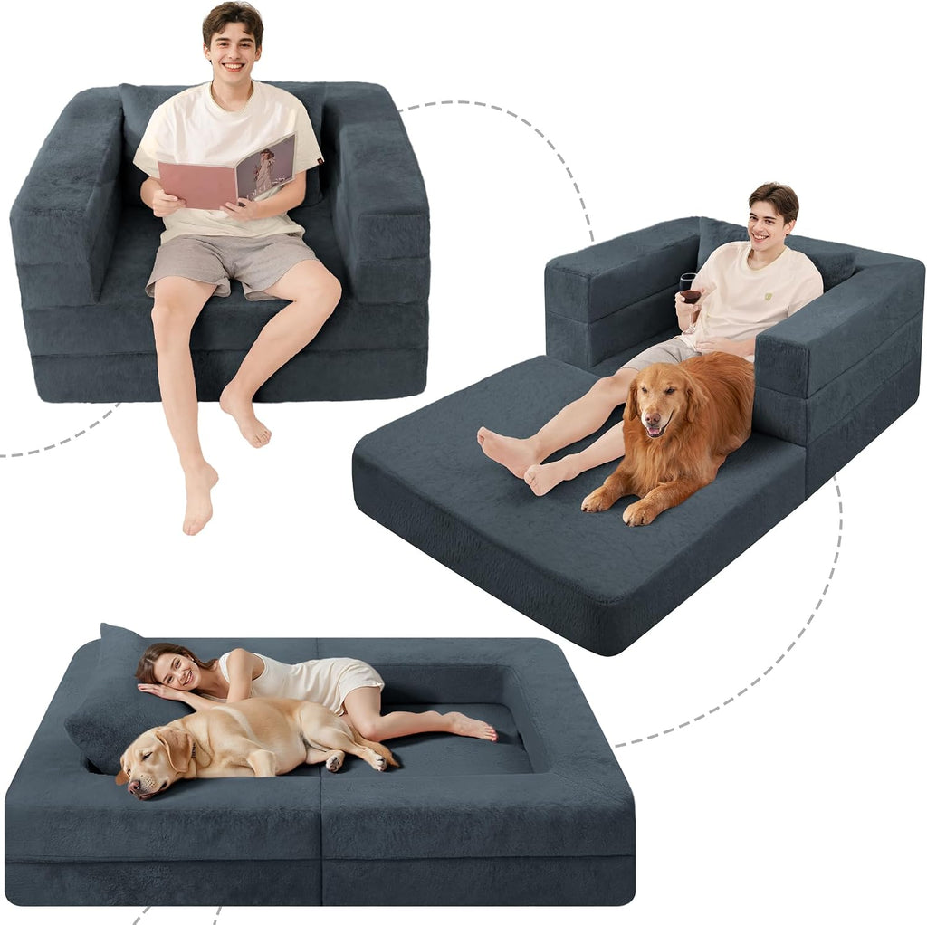 Futon Sofa Bed with Pillow, 3-in-1 Sleeper Sofa Bed with Removable Cover, Convertible Floor Sofa Bed, No Assembly Boneless Couch for Living Room, Bedroom
