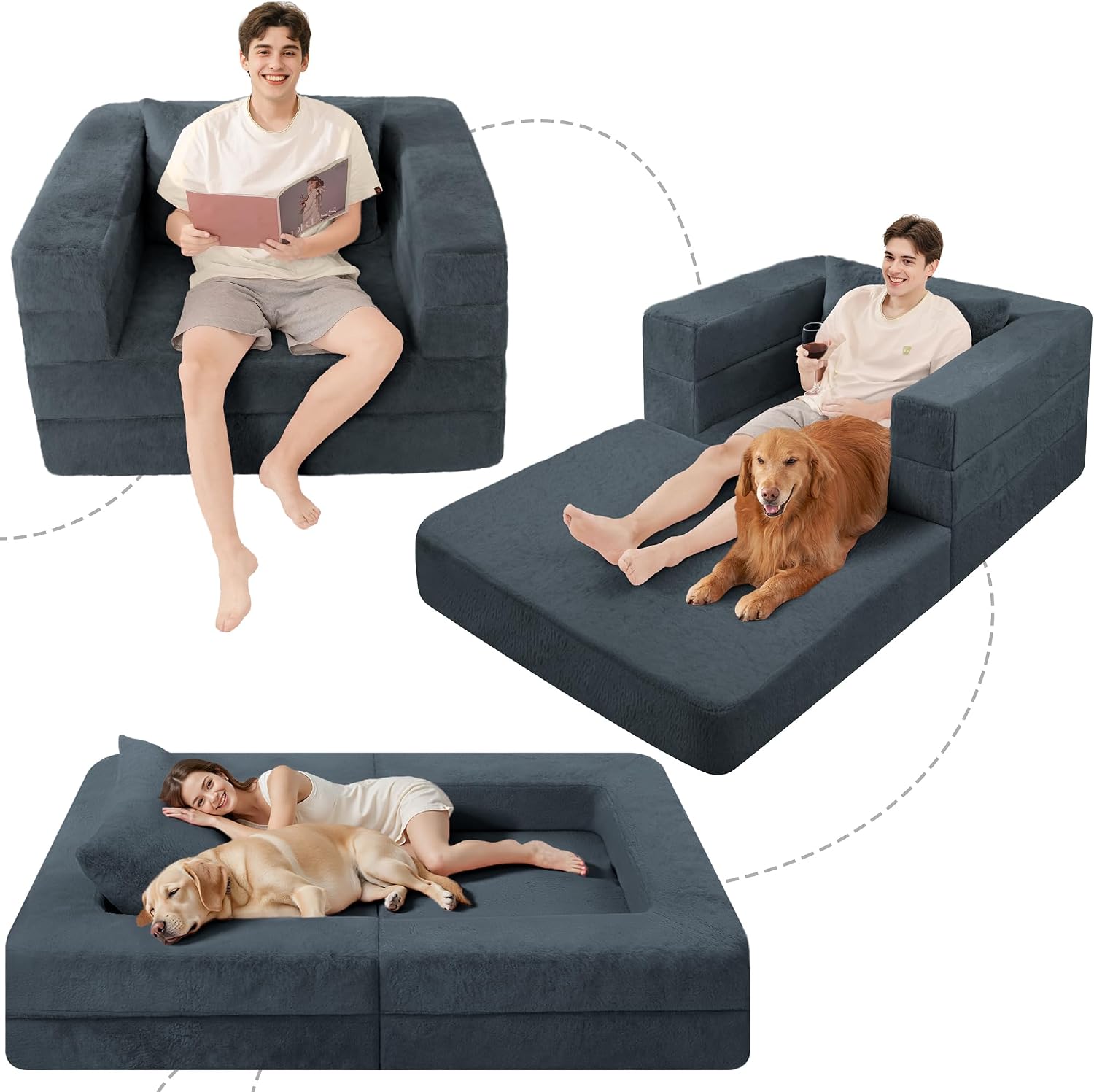 Futon Sofa Bed with Pillow, 3-in-1 Sleeper Sofa Bed with Removable Cover, Convertible Floor Sofa Bed, No Assembly Boneless Couch for Living Room, Bedroom