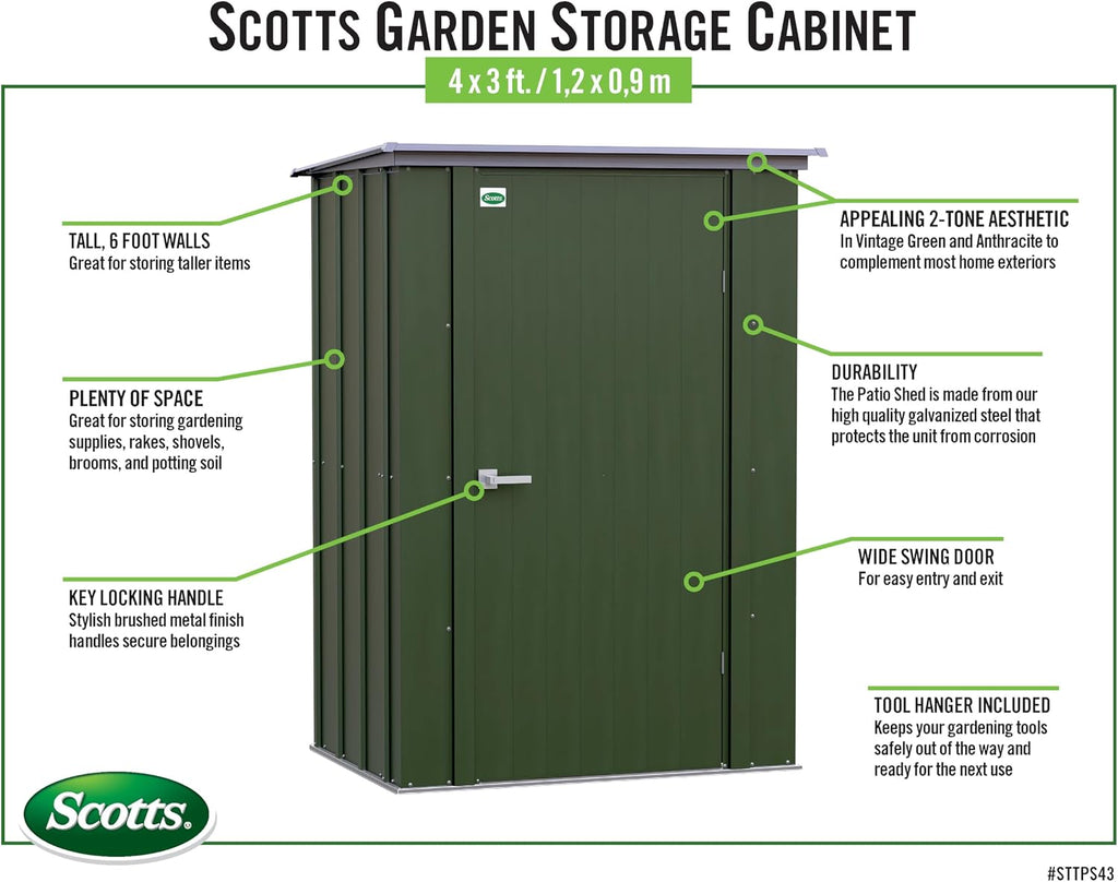 Scotts 4' x 3' x 6' Garden Storage Cabinet, Compact Outdoor Lockable Metal Shed Kit for Backyard, Patio, and Lawn