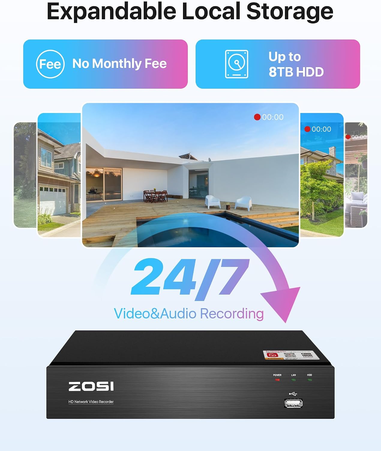 ZOSI 4K 8CH Spotlight PoE Security Camera System,8pcs 4K Outdoor IP Cameras,Color Night Vision,Person Vehicle Detection,2 Way Audio,8Channel 8MP NVR Recorder with 2TB HDD for Home 24/7 Recording