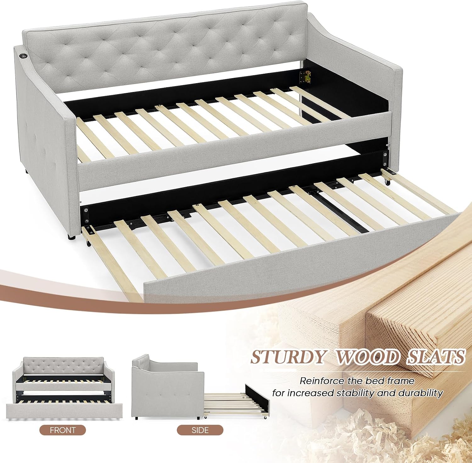 Antetek Daybed with Pop up Trundle, Fabric Upholstered Twin Size Day Bed Pull-Point Sofa Daybed Frame w/Twin Roll-Out Trundle/USB Port, Furniture for Bedroom, Living Room, Guest Room, Beige