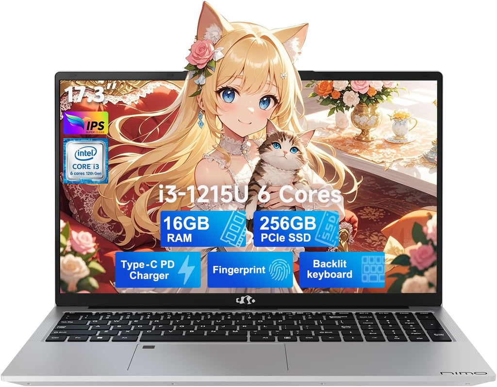 NIMO 17.3' IPS FHD-Business-Laptop, Intel 6 Core i3-1215U (Beat i5-1135G7 Up to 4.4GHz) Computer with 65W Type C 16GB RAM 256GB SSD Fingerprint Backlit Keyboard Wi-Fi 6 Numpad Win 11