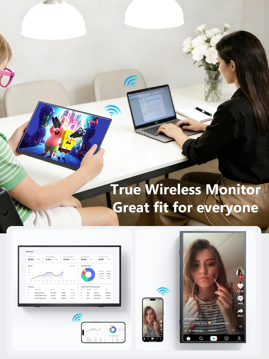 Wireless Portable Monitor with Battery, Wireless Monitor for Laptop-15.6' 1080P FHD Travel Monitor for Laptop, Support AirPlay Miracast for Windows/Mac/Android/iOS
