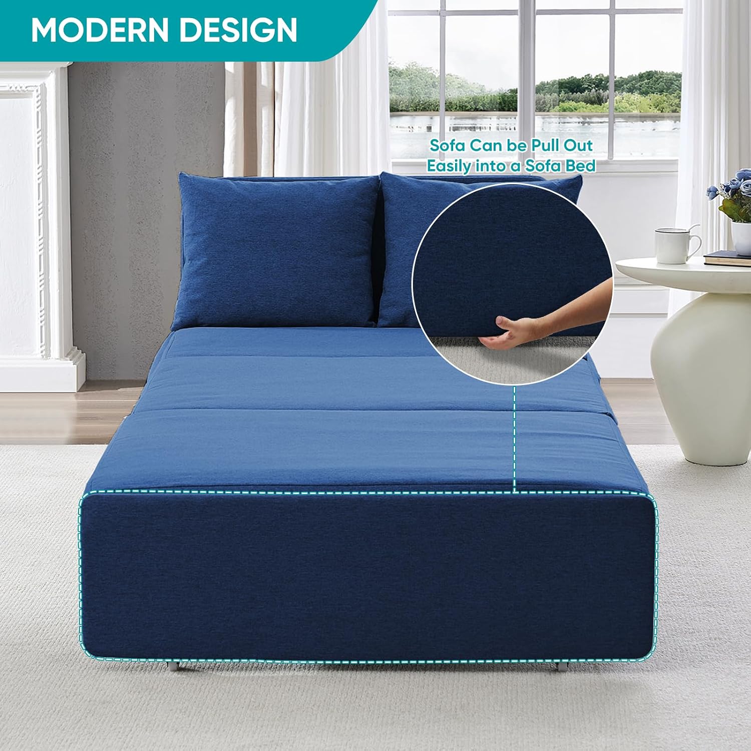 BALUS 43' Width Twin Pull Out Sofa Bed Sleeper Couch with Pullout Beds, 2 in 1 Convertible Linen Sleepers Sofa Single Chair with Pillows and 3.9' Foldable Mattress for Small Space Apartment Loft, Blue