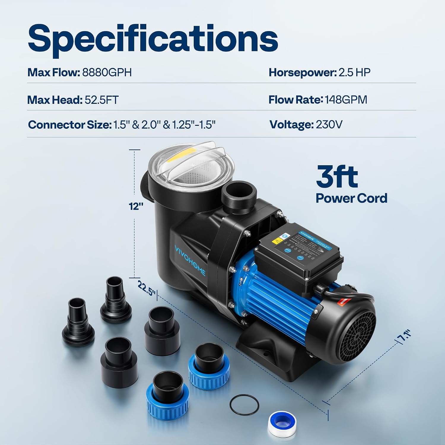 VIVOHOME Self Primming in/Above Ground Swimming Pool Pump w 1.25'' & 1.5' & 2.0'' Unions Energy Saving w/Strainer Baske, 8880 GPH