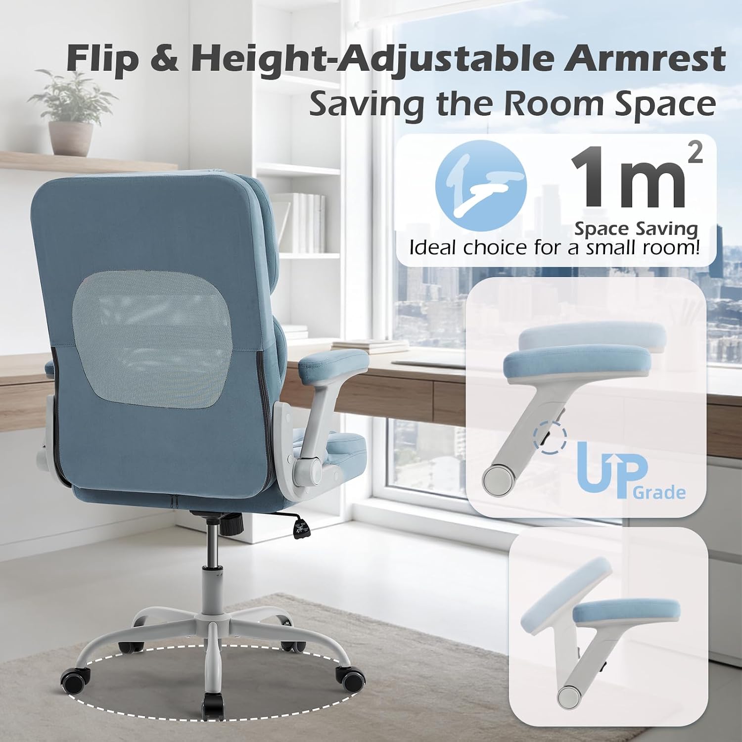 SEATZONE Home Office Desk Chairs with Wheels and Armrests Office Chair Comfortable Ergonomic Mesh with Velvet Executive Computer Chairs for Adults and Teens,Modern Blue Gray