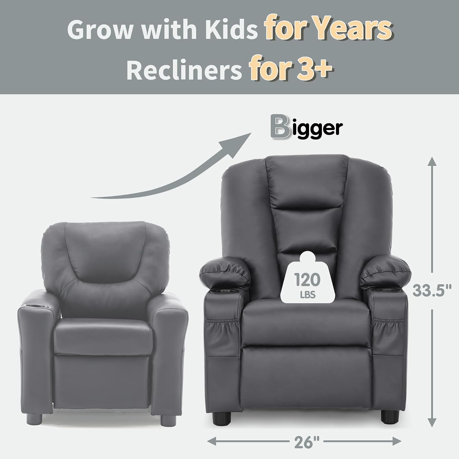 MCombo Big Kids Recliner for Ages 3+, Child Reclining Chair, Toddlers Recliner Sofa with Cup Holders, Faux Leather, 7322(Dark Grey)