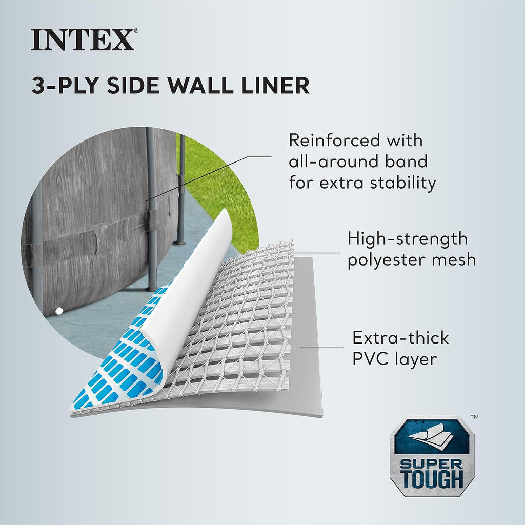 Intex Prism Frame Round Above Ground Outdoor Swimming Pool Set with Filter Pump, Ladder, Ground Cloth, and Pool Cover, Greywood