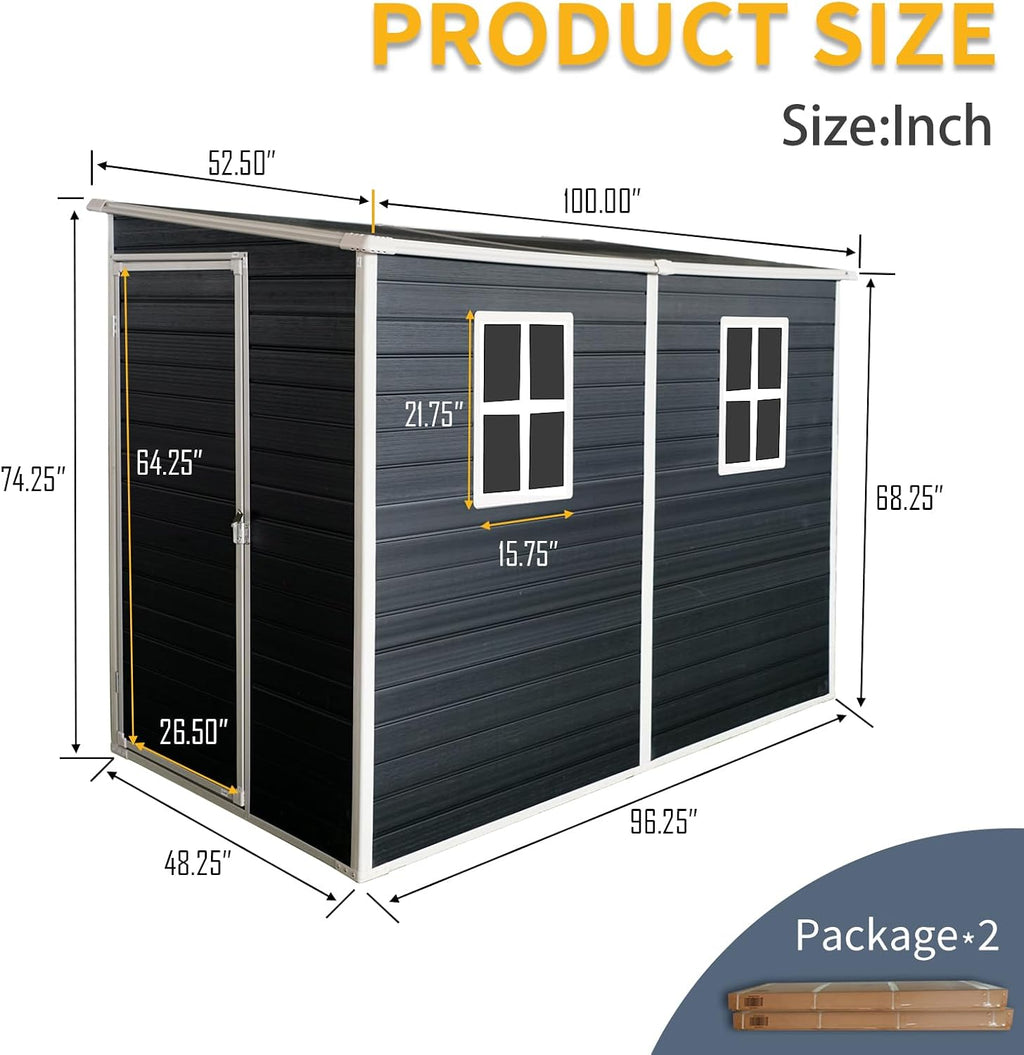 4x8 ft Outdoor Resin Storage Shed with Floor and 2 Windows, Waterproof Plastic Garden Shed with Lockable Door and Air Vents, All-Weather Tool Sheds for Backyard, Patio, Lawn (Black)