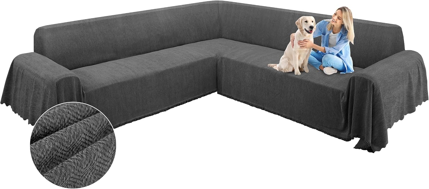 ALIECOM Corner Sectional Couch Covers L Shape Sofa Cover with Tassel Chenille Soft Thick U Shaped Sectional Slipcovers Washable Furniture Protector for Pets Dogs Cats (Dark Grey, 91x275 Inch)