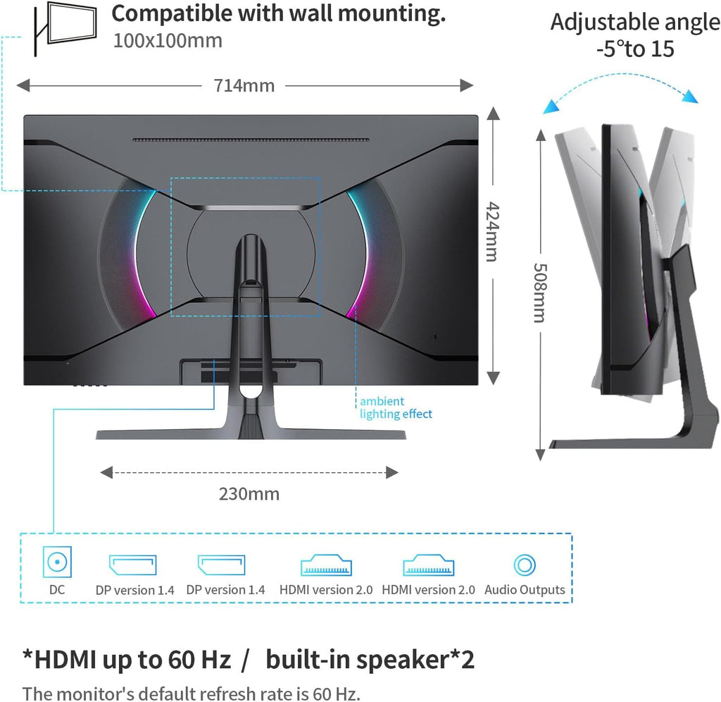 Gawfolk 32 Inch 4K Curved Monitor 60Hz, UHD 3840x2160 PC Monitor with Built-in Speakers, 1500R Computer Screen, FreeSync, Flicker-Free, HDMI/DP, Wall Mountable for Home Office, Gaming, Entertainment