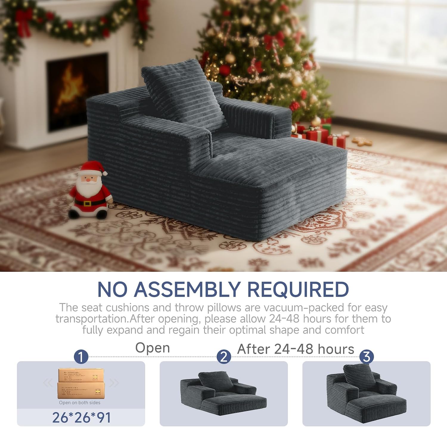 45'' Chaise Lounge Chair Indoor, Corduroy Upholstered Boneless Sofa Bed, Deep Seat Sleeper Couch Reading Chairs, Small Comfy Cloud Sofas Couches for Living Room, Bedroom, Movie Room (Dark Grey)