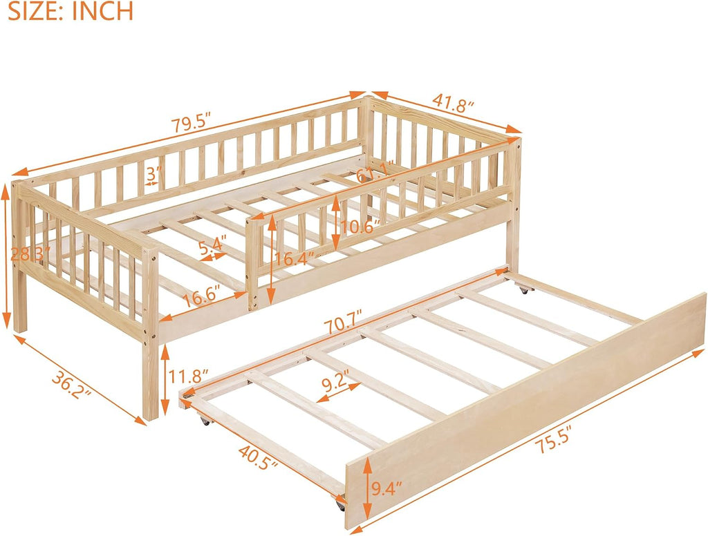 Twin Wood Bed Frame with Fence Railings and Trundle,Low Montessori Kids Platform Bed Frame with Full-Length Safety Guardrails,Dual-use Daybed for Bedroom and Living Room,Natural