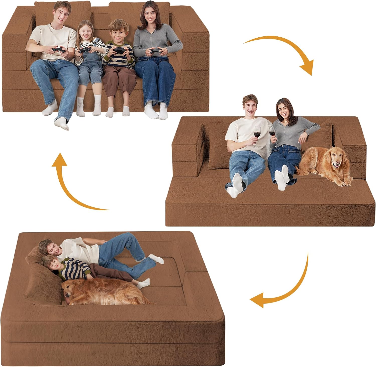 Folding Bean Bag Chair for Adults,3-in-1 Bean Bag Couch Faux Fur Floor Sofa Large Beanbag Convertible Bean Bag Sofa Bed with Pillow in Bedroom,Living Room,Apartment(Queen,Caramel)