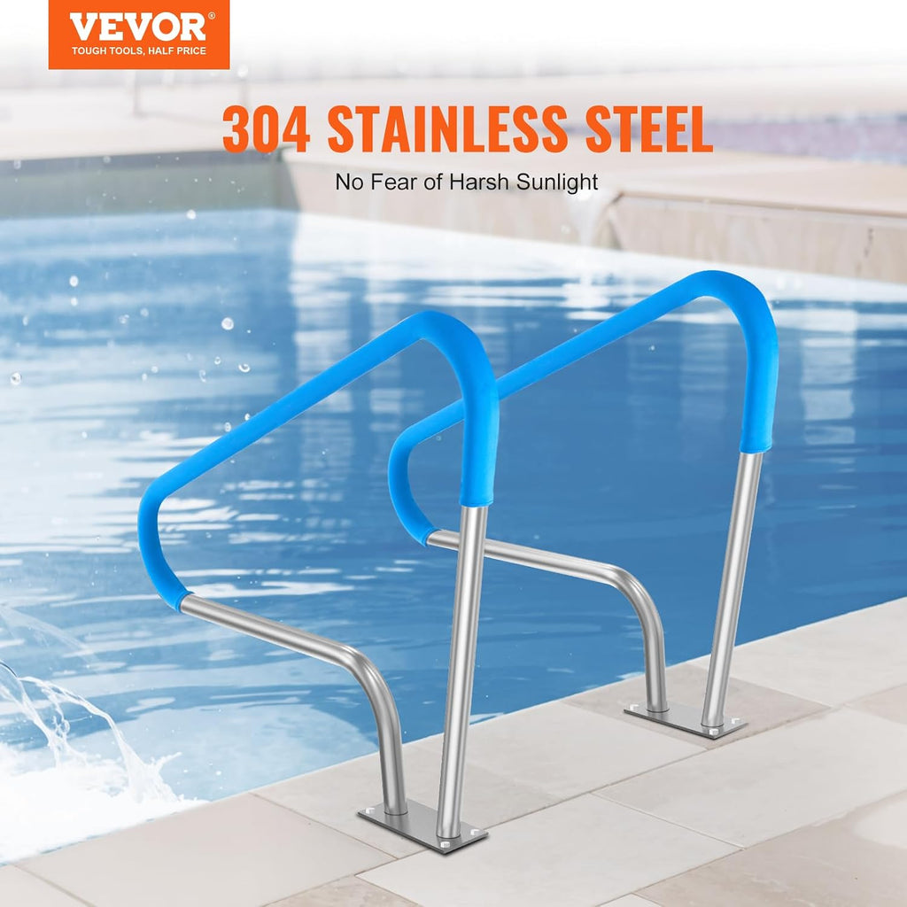 VEVOR Pool Handrail, 2 PCS 48x36in Railing, Stainless Steel with Base Plate for Indoor/Outdoor Pools, Safety Railing for Decks, Rust-Proof Grab Bar w/Grip Cover & Accessories for Spas