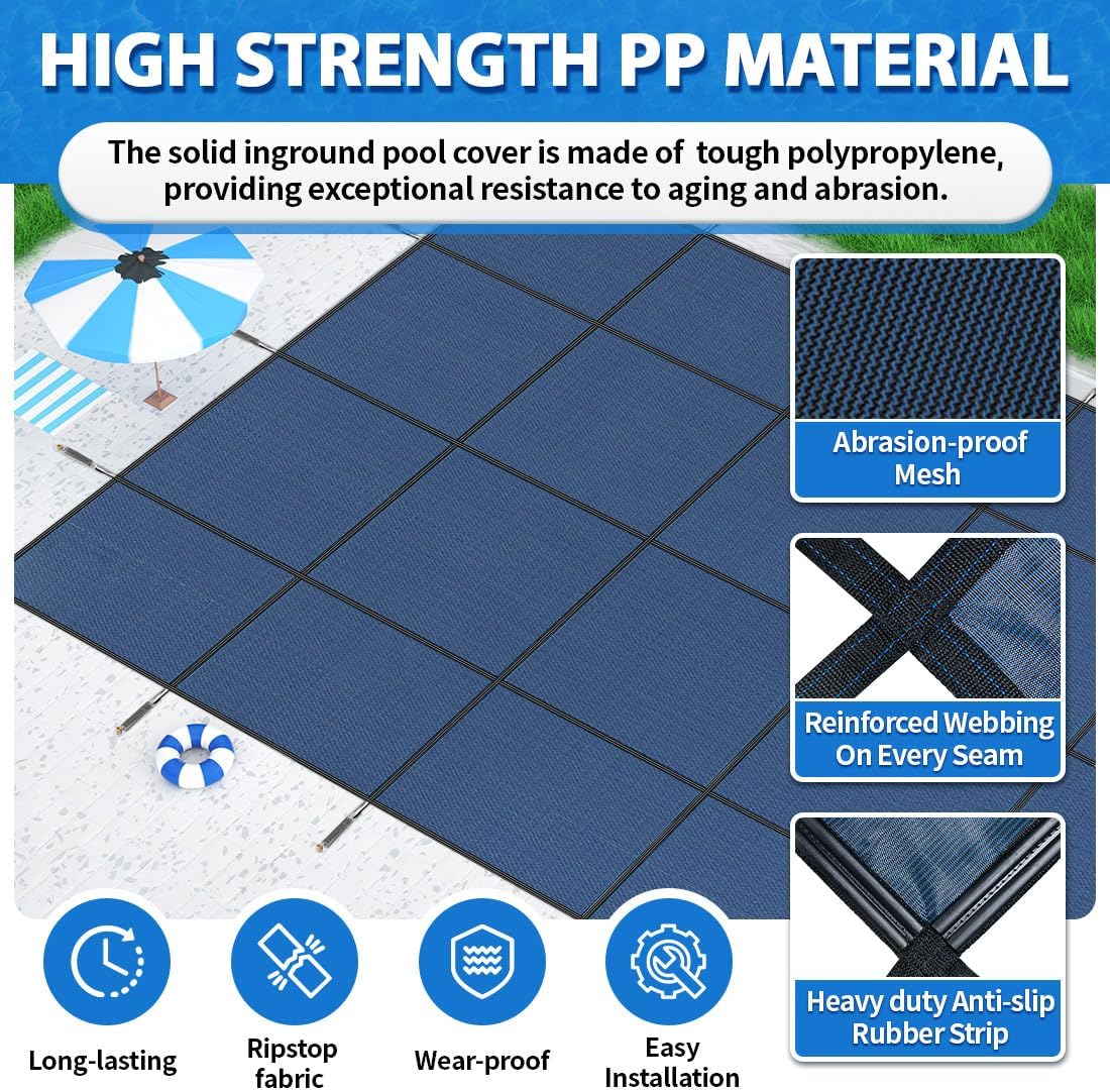iCOVER Inground Pool Safety Cover, 16x32ft Rectangle Winter Safety Pool Cover for Inground Swimming Pools, Winter Pool Cover, Pool Covers for Inground Pools, Triple Stitched for High Strength, Blue