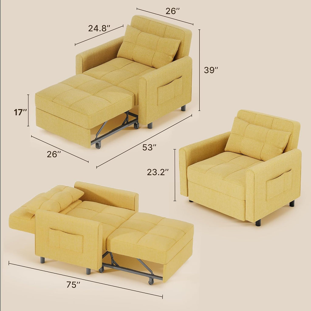 Gizoon Sofa Bed Chair 3 in 1 Convertible, Pullout Single Sleeper Chair Bed with Adjustable Backrest, Spacious Multifunctional Sofa Couches for Living Room, Bedroom, Apartment