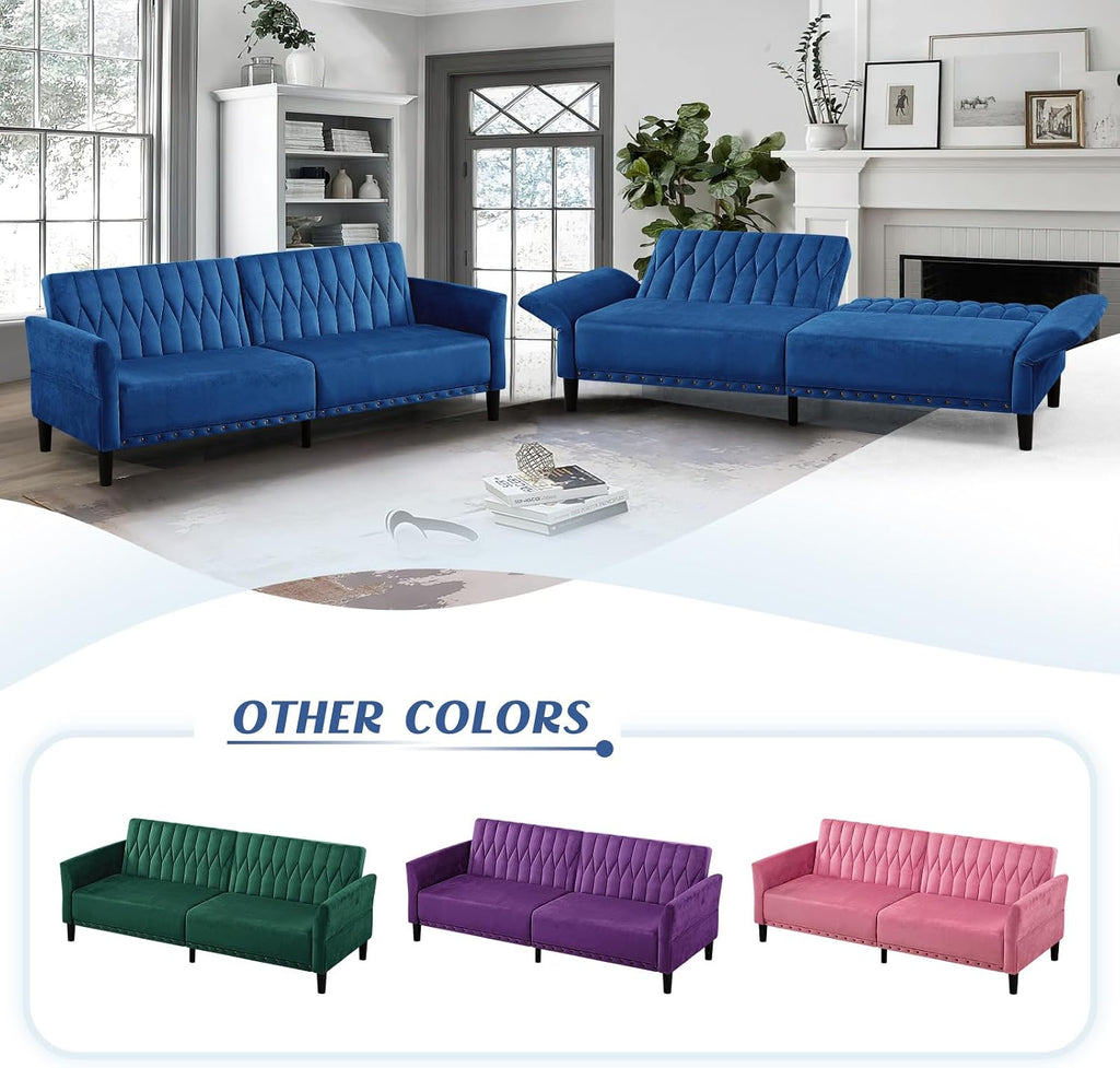 77' Velvet Sofa Bed with Adjustable Armrests and Backrests,Tufted Convertible Futon Couch with Nailhead Trim, Loveseat Modern Velvet Sleeper Sofa for Living Room,Bedroom,Office,Blue