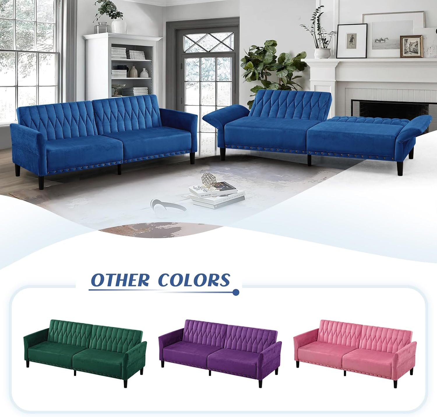 77' Velvet Sofa Bed with Adjustable Armrests and Backrests,Tufted Convertible Futon Couch with Nailhead Trim, Loveseat Modern Velvet Sleeper Sofa for Living Room,Bedroom,Office,Blue