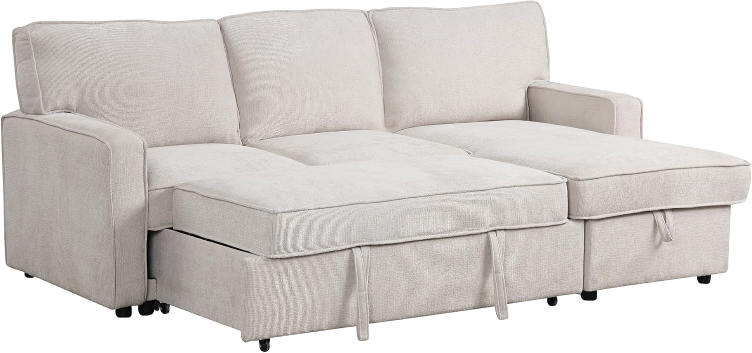 LUMISOL 89' Convertible Sleeper Sofa Bed, Modern L-Shaped Sectional Sofa Pull Out Couch with Chaise, Chenille Sofa Bed with Cup Holder, USB Ports for Living Room, Small Apartment, Beige