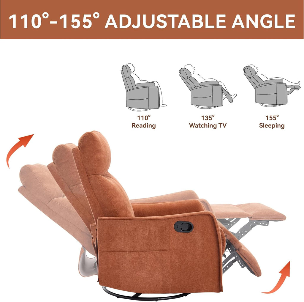 Massage Chair Recliner with Heat, 360° Swivel Glider Rocker with Reclining Backrest and Footrest, Manual Lazy Boy Recliners for Adults, Modern Nursery Rocking Chairs (Orange)