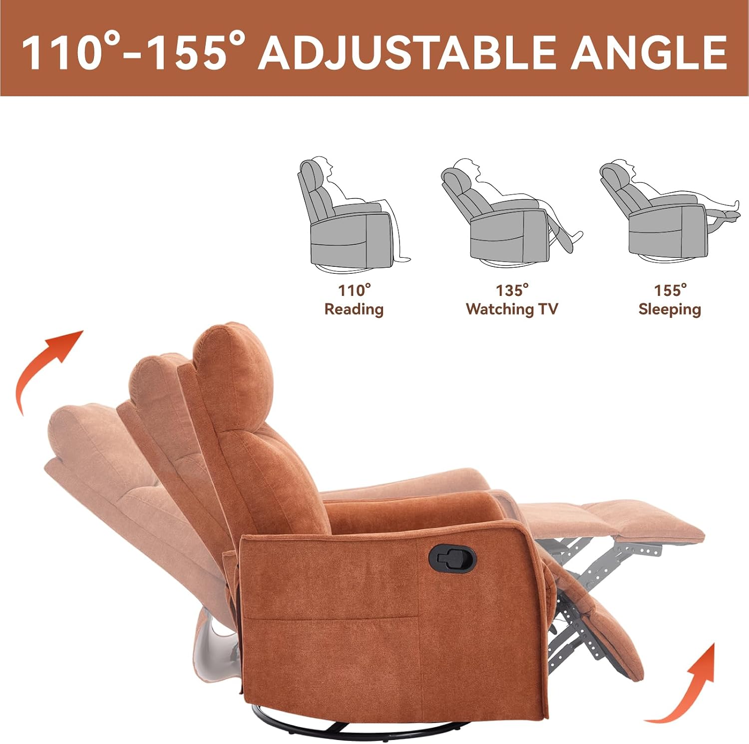 Massage Chair Recliner with Heat, 360° Swivel Glider Rocker with Reclining Backrest and Footrest, Manual Lazy Boy Recliners for Adults, Modern Nursery Rocking Chairs (Orange)