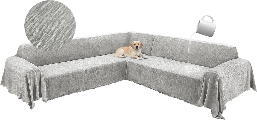 1OO% Waterproof Corner Sectional Couch Covers L Shape Chenille Sectional Sofa Cover with Tassel Soft Thick Washable Sofa Slipcover Furniture Protector for Dogs Pets (91' x 252', Air Grey)