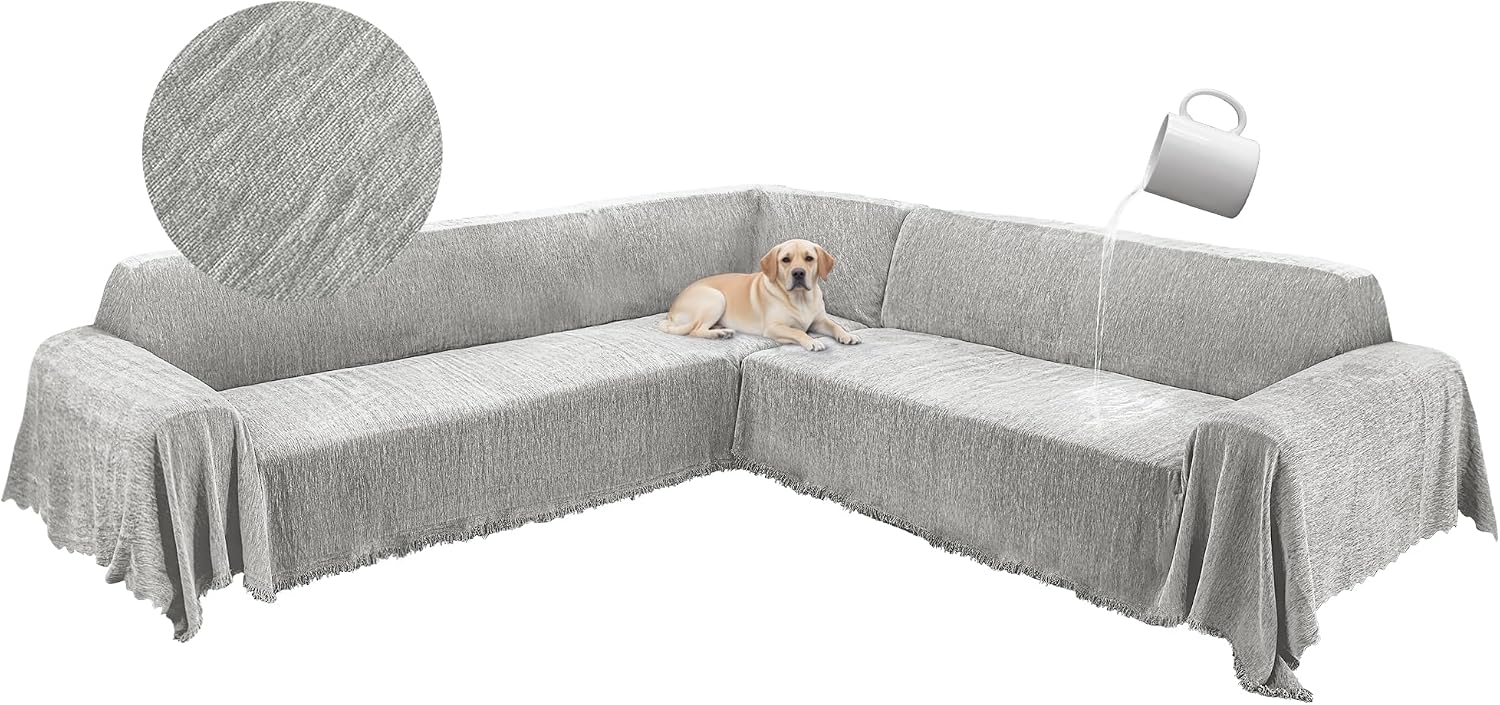1OO% Waterproof Corner Sectional Couch Covers L Shape Chenille Sectional Sofa Cover with Tassel Soft Thick Washable Sofa Slipcover Furniture Protector for Dogs Pets (91' x 252', Air Grey)