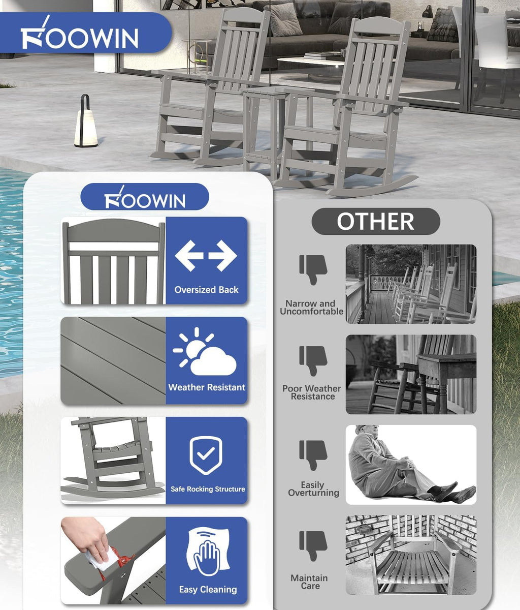 FOOWIN Outdoor Rocking Chair, High Back Patio Rocking Chair, HDPE All Weather Resistant Porch Rocker for Adult, Oversized Rocking Chairs for Garden, Lawn, Indoor & Outdoor Use, Grey