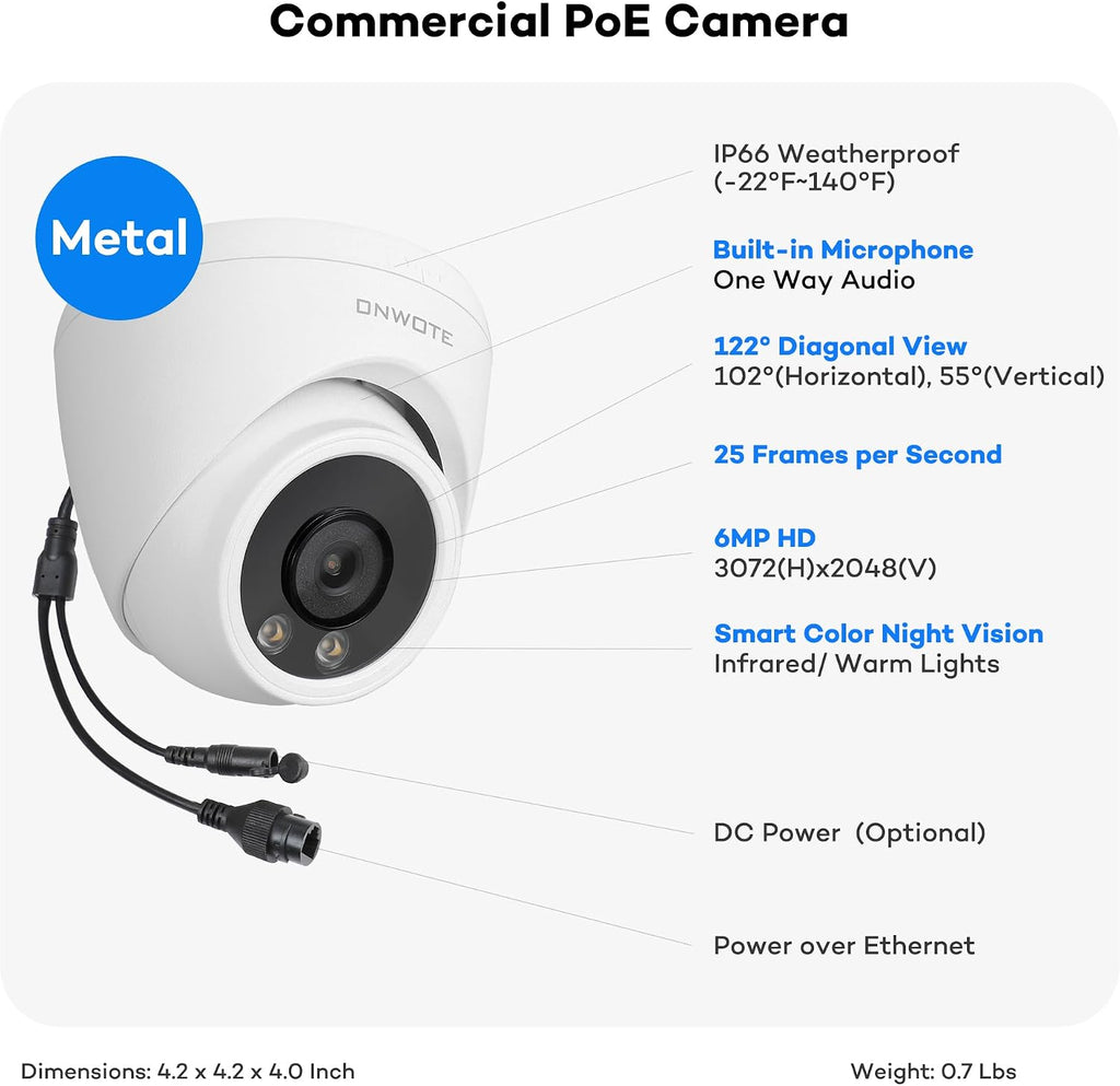 ONWOTE 8 Channel NVR PoE Security Camera System, 4X 6MP Wired Outdoor IP Cameras, AI Human Vehicle Detection Tigger Color Night Vision, 122° FoV, 8CH 4K 8MP NVR 2TB, CCTV Kit for Home Businesses