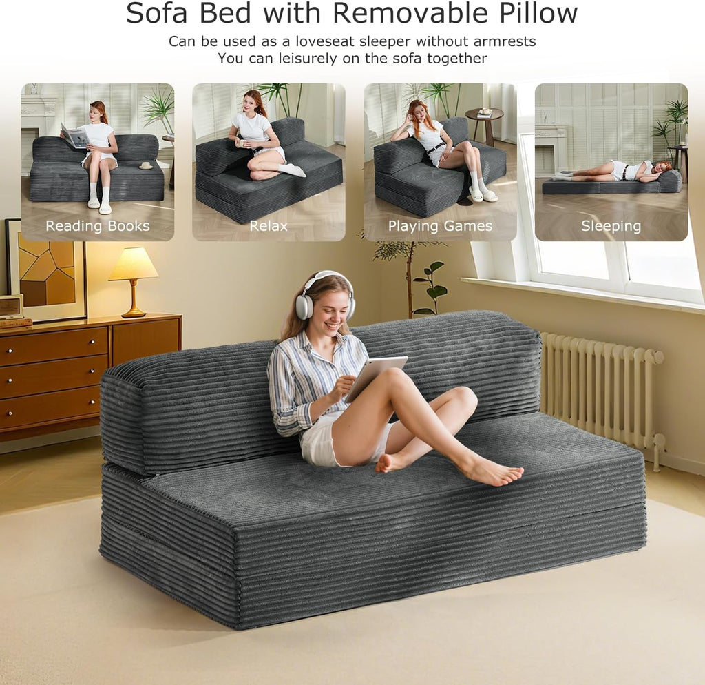 Folding Futon Sofa Bed Full Size, 6 inch Convertible Floor Couch Bed with Removable Corduroy Cover, Pull Out Couch for Small Spaces High-Density Foam,Grey