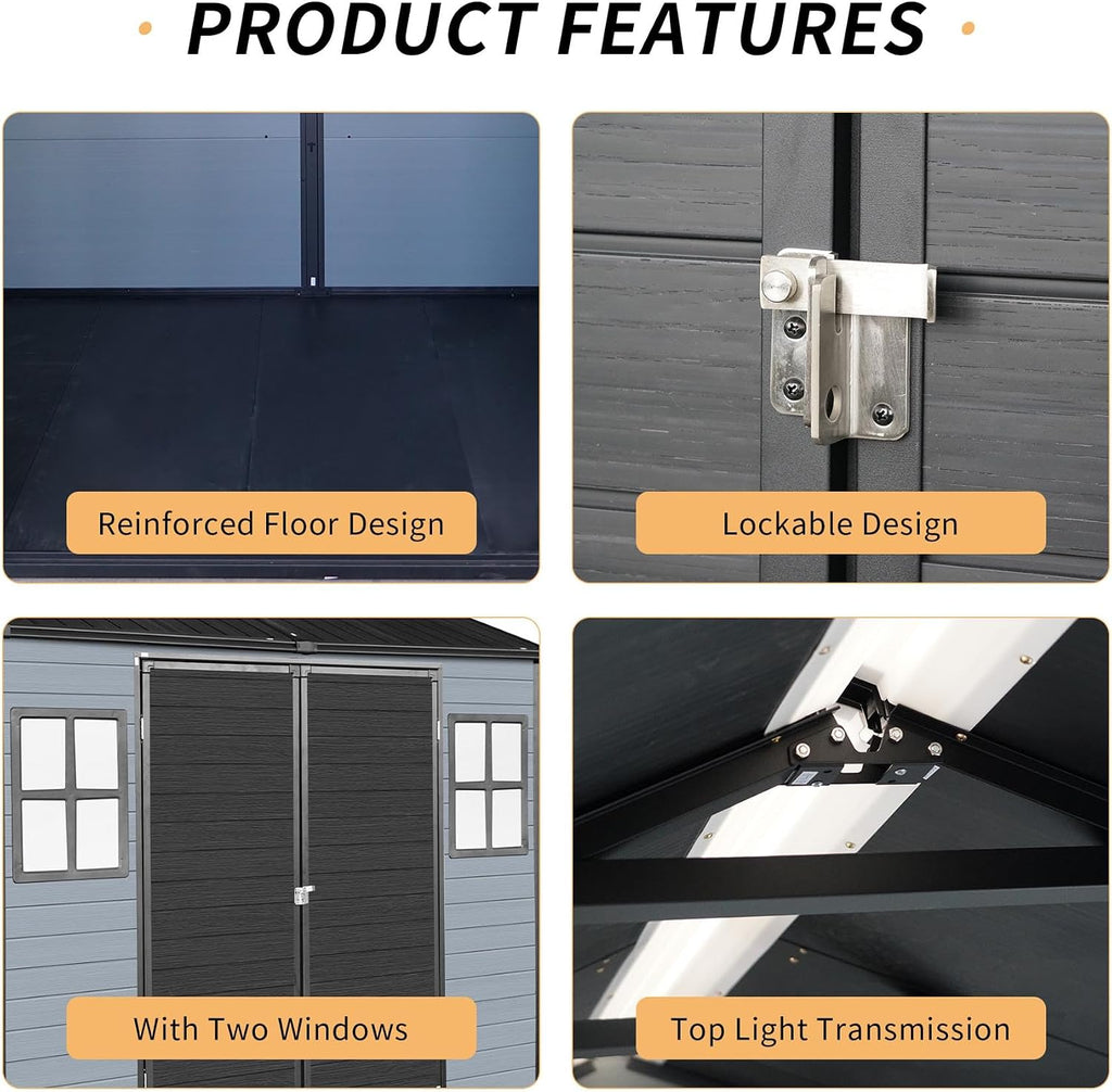 8x4FT Resin Outdoor Storage Shed with 2 Windows, Outdoor Storage Shed with Floor Lockable Door for Garden Tools, Bicycles, Trash Cans, Gray+Black (8x4 FT Steel)
