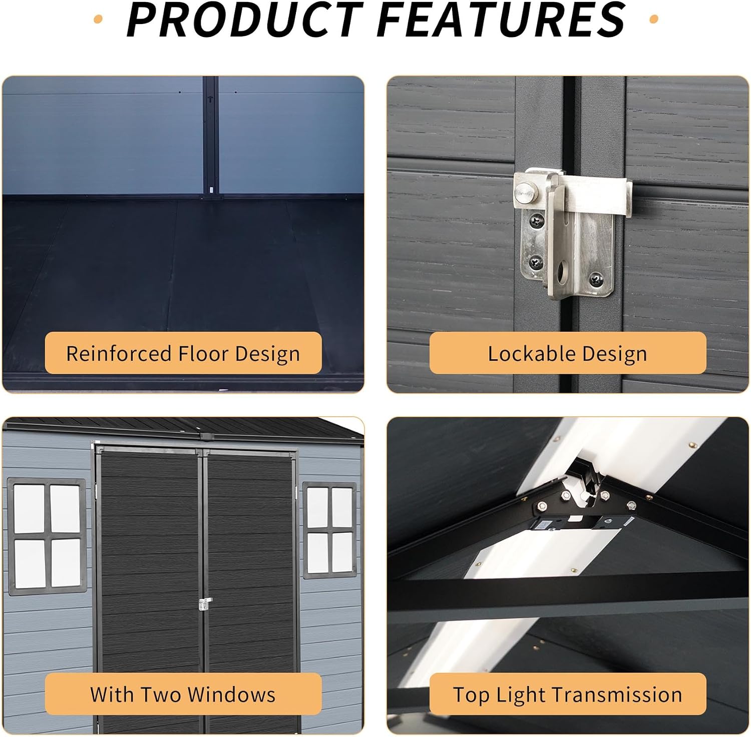8x4FT Resin Outdoor Storage Shed with 2 Windows, Outdoor Storage Shed with Floor Lockable Door for Garden Tools, Bicycles, Trash Cans, Gray+Black (8x4 FT Steel)