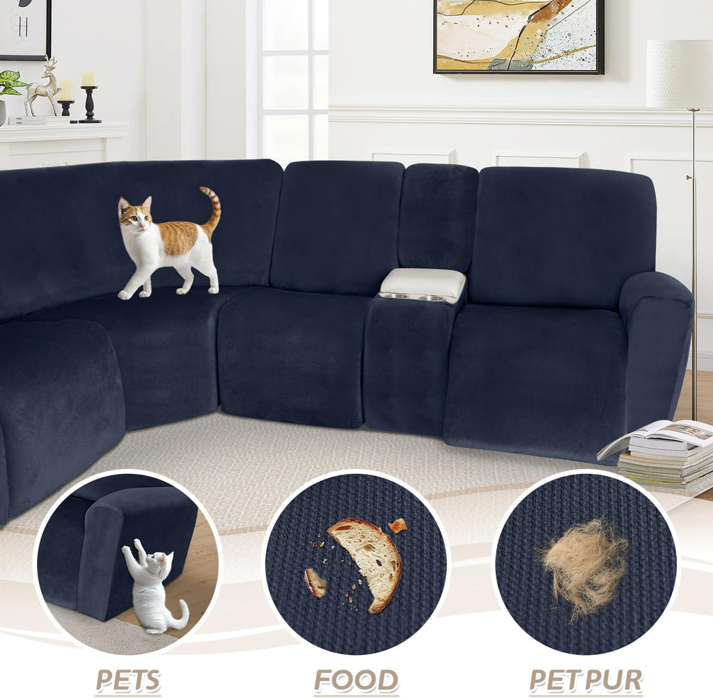 Arfntevss Sectional Recliner Couch Covers Velvet Washable Corner Sectional Sofa Cover for Reclining Stretch Soft Thick L Shape Recliner Slipcover Set (5 Seat with 1 Console Cover, Dark Blue)