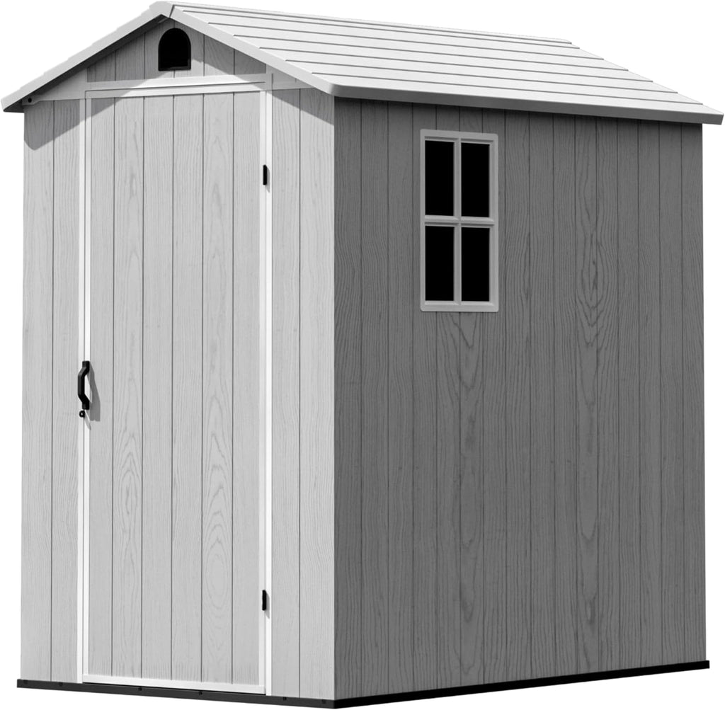 Greesum 4x6FT Plastic Storage Shed with Floor, Resin Outdoor Storaged Sheds with Lockable Door, All Weather Tool Shed with Window and Vent, Easy Assembly for Garden, Backyard, Patio, Light Gray
