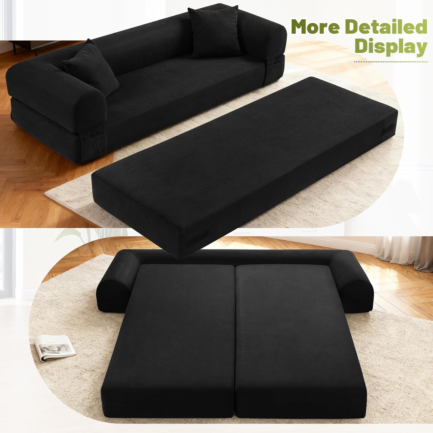 Convertible Futon Sofa Bed,80' Folding Pull Out Couch with Pillows & Storage Pocket (Black, Corduroy-30 W)