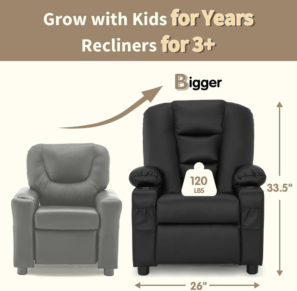 MCombo Big Kids Recliner for Ages 3+, Child Reclining Chair, Toddlers Recliner Sofa with Cup Holders, Faux Leather, 7322(Black)