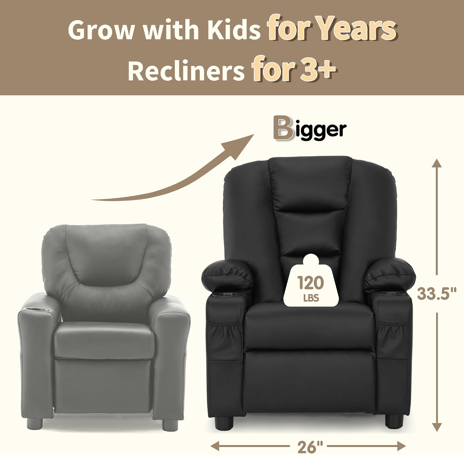 MCombo Big Kids Recliner for Ages 3+, Child Reclining Chair, Toddlers Recliner Sofa with Cup Holders, Faux Leather, 7322(Black)