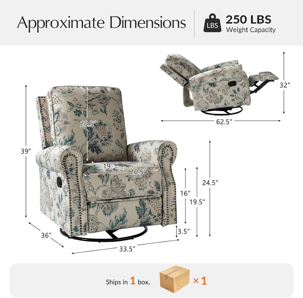 HULALA Home Modern Rocker Recliner, Printed Fabric Swivel Glider with Adjustable Backrest & Footrest, Teal