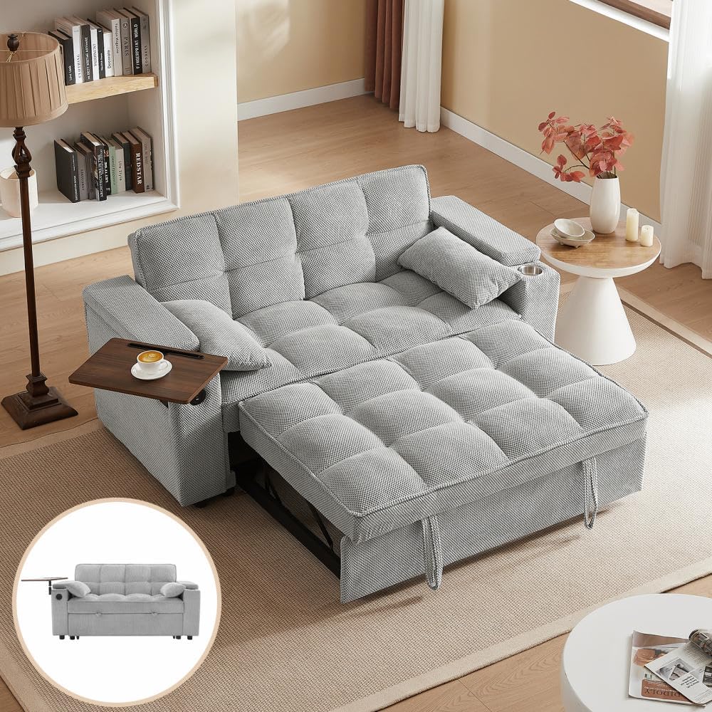 Auvsoce 65'' Convertible Sleeper Sofa Bed with Adjustable Backrest, Chaise Lounge, Side Table & USB/Type-C Ports – Stylish & Functional Addition to Any Living Room (Fashion Light Grey)