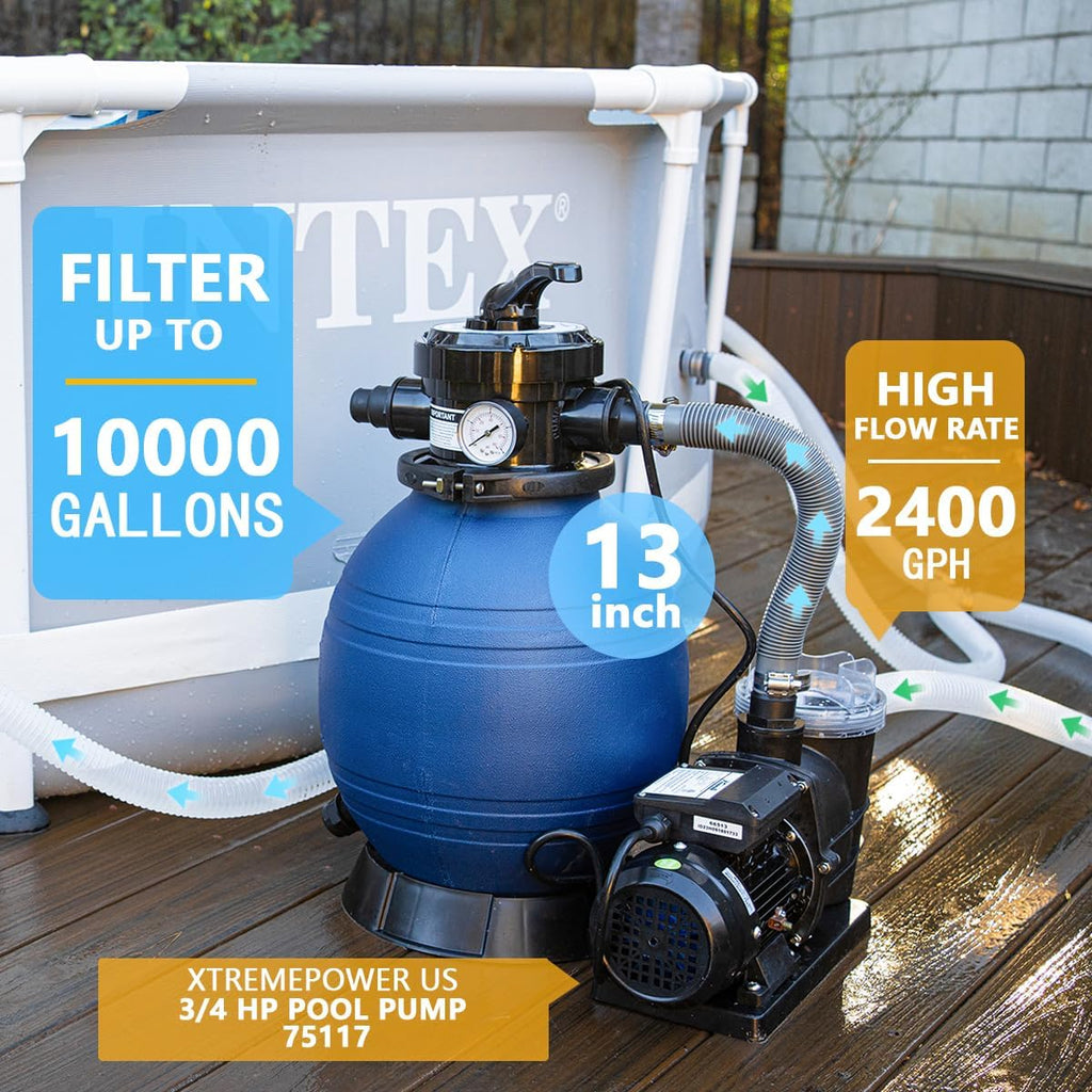 XtremepowerUS High-Flo Sand Filter Pump System 13' Filter Tank 10,000 Gallons for Above Ground Swimming Pool 3/4HP Pool Pump 2400GPH High Flow Fitting Adapter